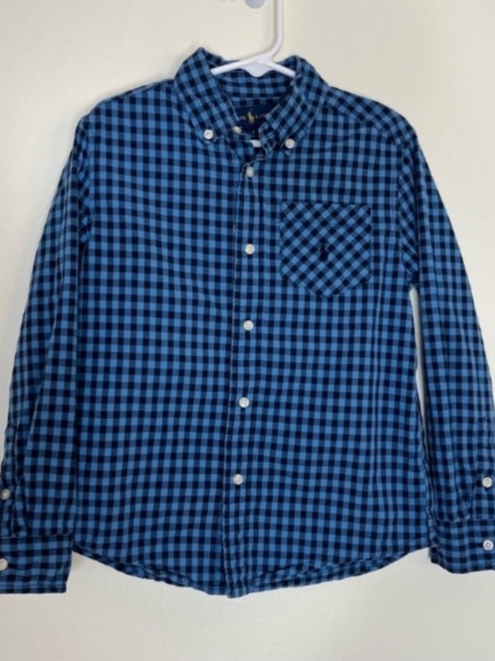 Boys Ralph Lauren blue checked plaid long sleeve cotton button down shirt 6
